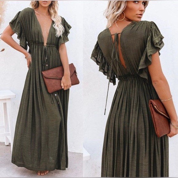 New Bohemian Long Olive Gauze Maxi Summer Dress - Picture 1 of 6